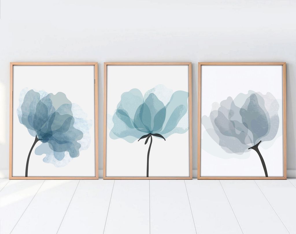 Falikép szett, 3 db, virágok, kék - fekete, 50x70 cm - TRIO - Butopêa akciós termékkép 1